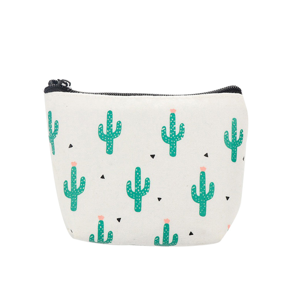 Green Cactus Print Canvas Coin Purse Mini Card Holder Zipper Pouch Wallet