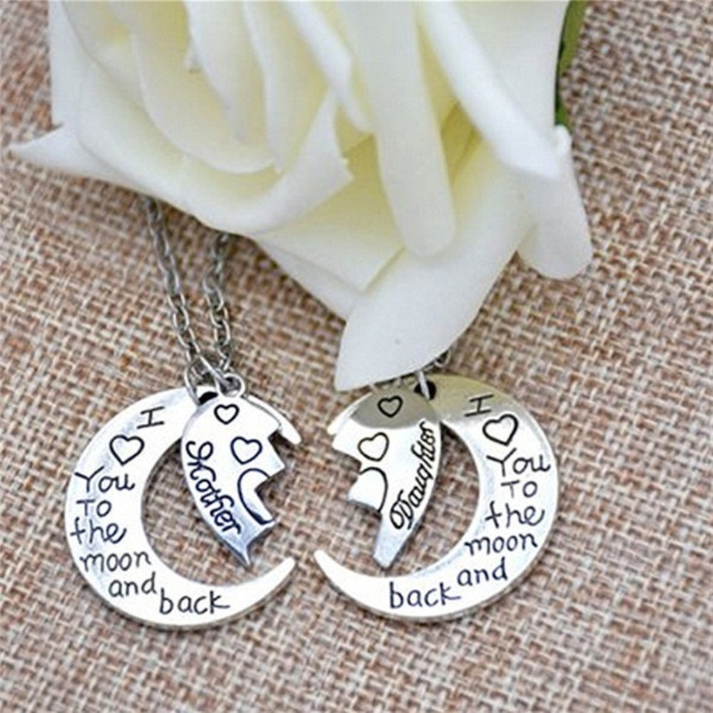 2Pcs I Love You to the Moon and Back Mother Daughter Heart Necklace Pendant Gift