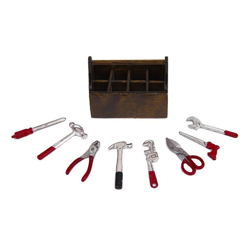 Miniature Wooden Box with Metal Tool Set Collection for 1/12 Dollhouse Decor