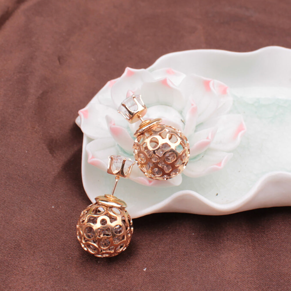 Women Fashion Hollow Ball Ear Jackets Stud Earrings Double Side Piercing Jewelry