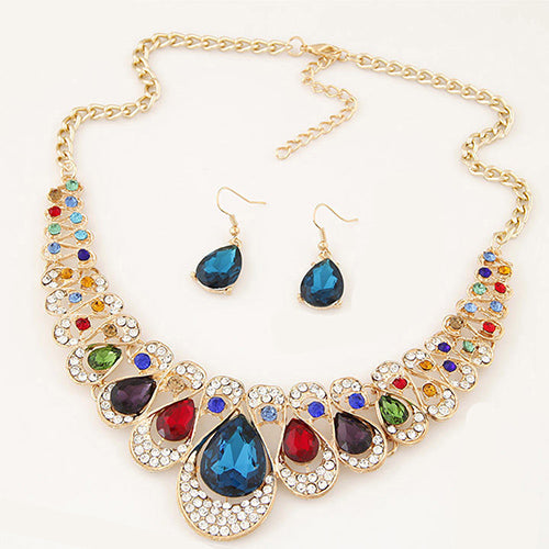 Women Fashion Rhinestone Waterdrop Pendant Necklace Shiny Earrings Jewelry Set