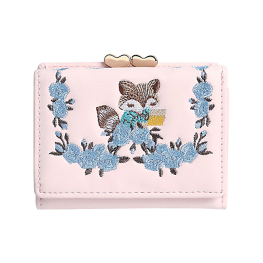 Lovely Faux Leather Little Fox Floral Embroidery Short Wallet Women Purse Gift