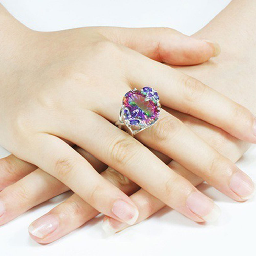 Women Fashion Rainbow Cubic Zirconia Inlaid Princess Rings Jewelry Party Gifts