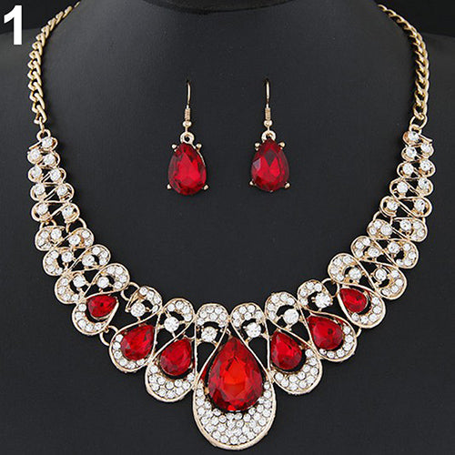 Women Fashion Rhinestone Waterdrop Pendant Necklace Shiny Earrings Jewelry Set