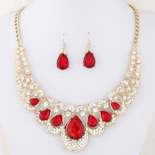 Women Fashion Rhinestone Waterdrop Pendant Necklace Shiny Earrings Jewelry Set
