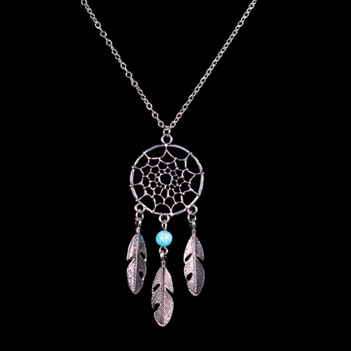 Women Ethnic Turquoise Feather Wing Pendant Dream Catcher Charm Chain Necklace