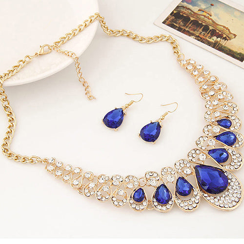 Women Fashion Rhinestone Waterdrop Pendant Necklace Shiny Earrings Jewelry Set