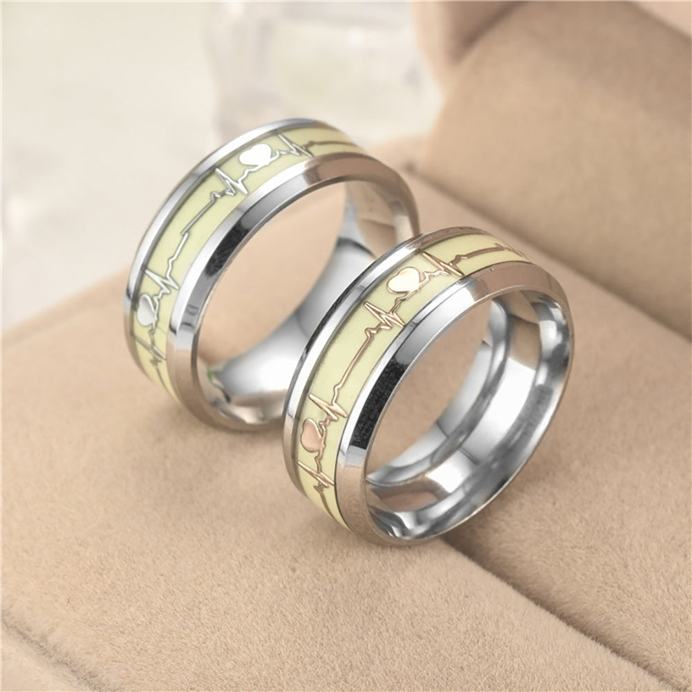 Glow in The Dark Heart Rate Electrocardiogram Stainless Steel Couple Finger Ring