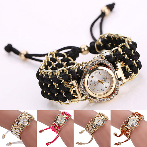 Women Fashion Love Heart Shiny Rhinestone Braid Band Analog Quartz Wrist Watch
