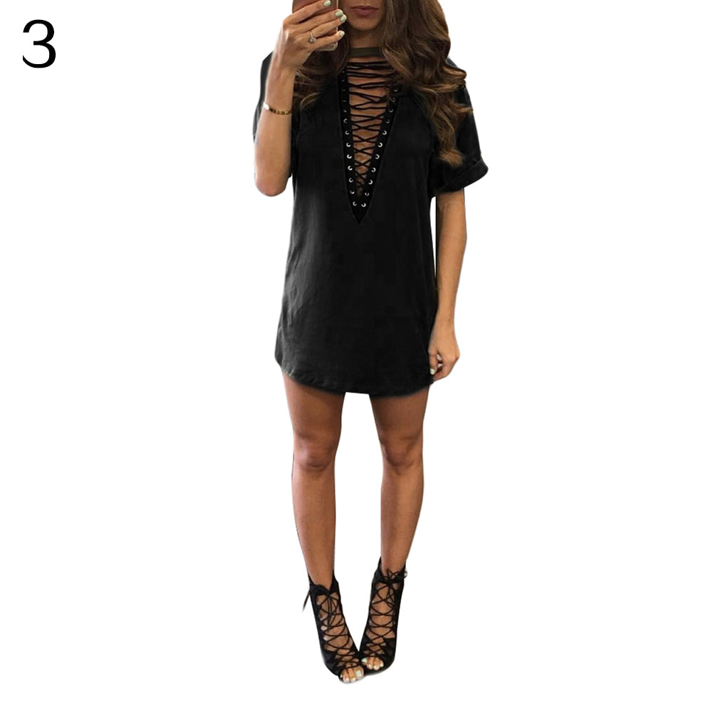 Lady Sexy Cross Lace Up V Neck Casual Short Sleeve Choker T-Shirt Top Dress