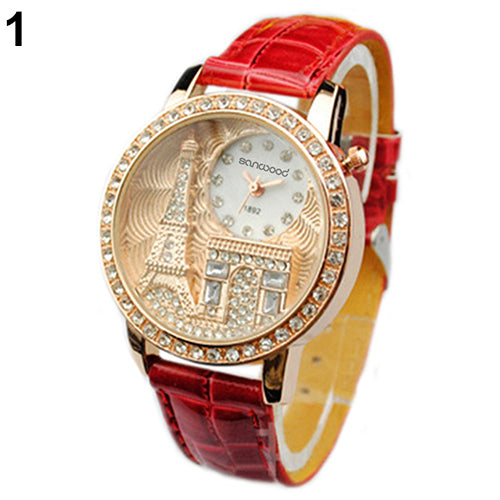 Fashion Women Lady Eiffel Tower Dial Faux Leather Band Quartz Wrist Watch