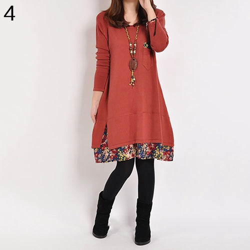 Women Casual Round Neck Pullover T-Shirt Loose Floral Hem Blouse Top Dress