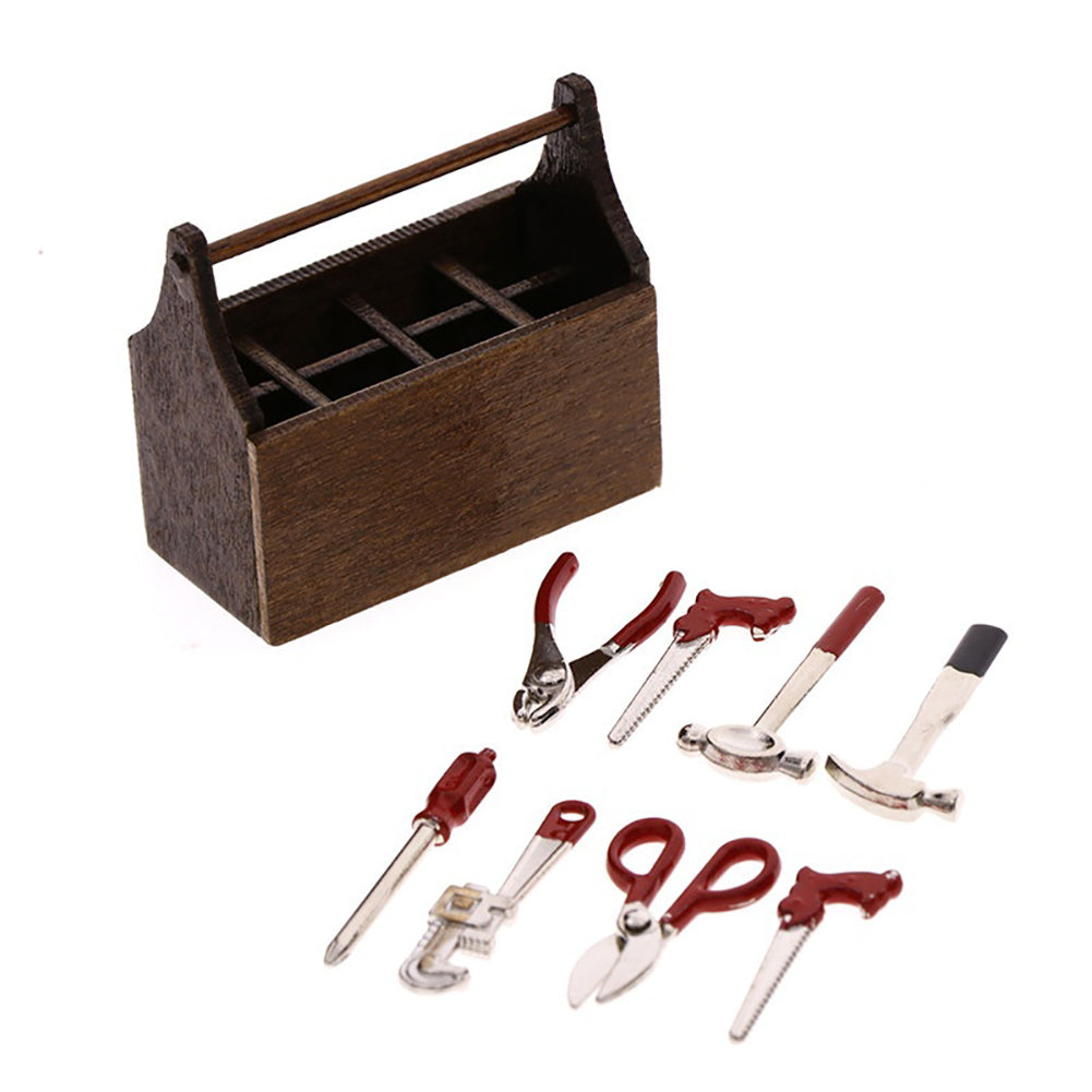 Miniature Wooden Box with Metal Tool Set Collection for 1/12 Dollhouse Decor