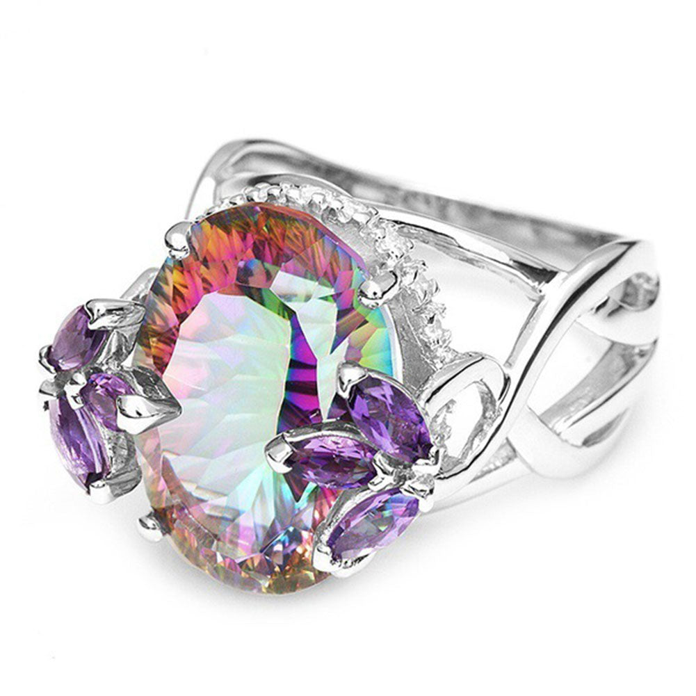 Women Fashion Rainbow Cubic Zirconia Inlaid Princess Rings Jewelry Party Gifts