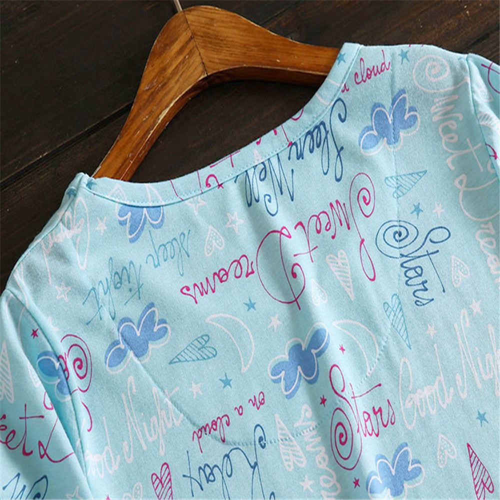 Letter print Sleepwear Cotton women sleep shirts short sleeve plus size Nightgown green BY69