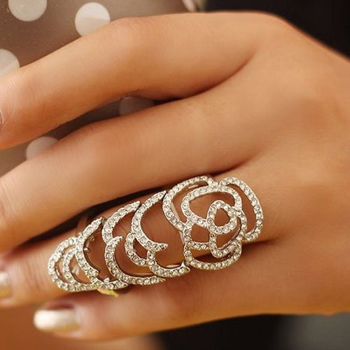 Women Bendable Hollow Twinkling Rhinesone Rose Knuckle Finger Chic Joint Ring