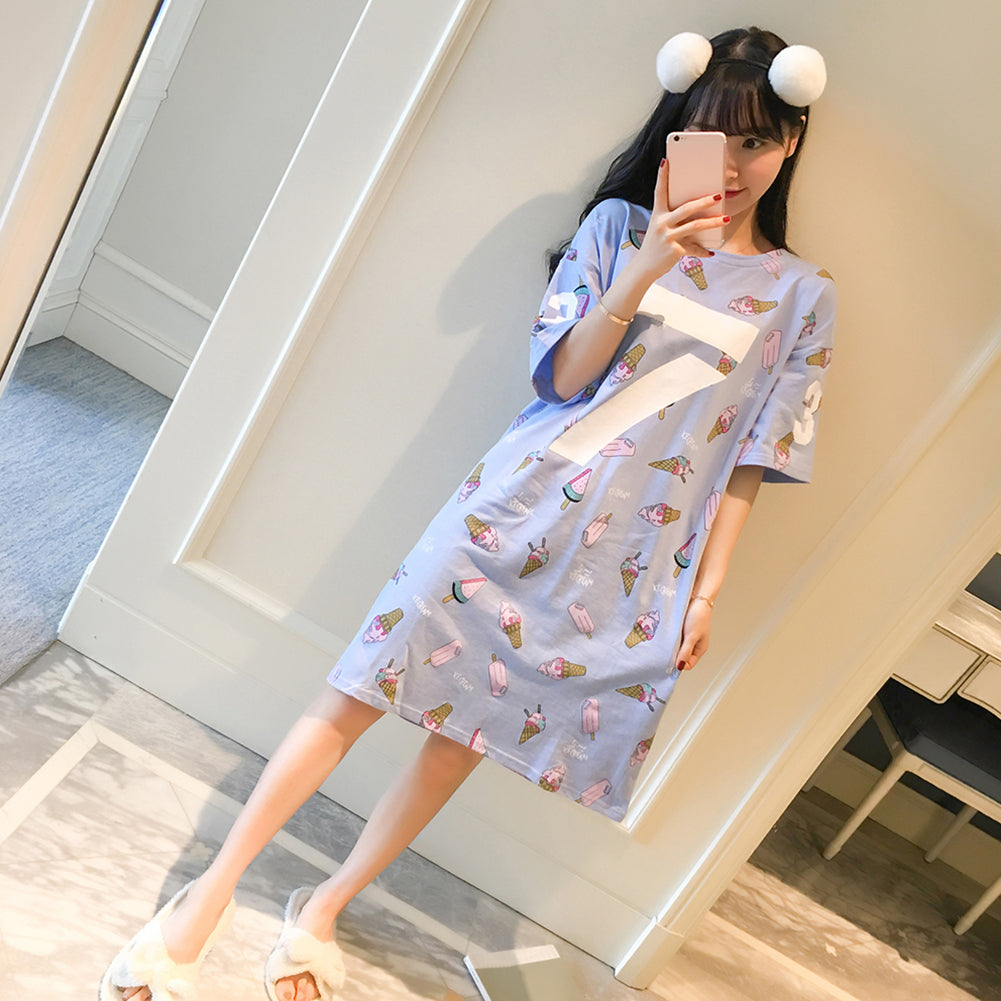 Women Cotton Short Sleeve O Neck Ice Cream Pattern Night Dress Night Sleepwear