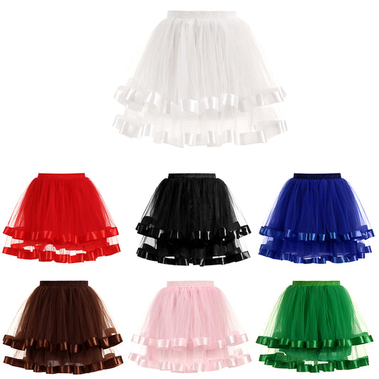 Women Double Layers Vintage Tutu Petticoat Gauze Skirt Prom Evening Party Dress