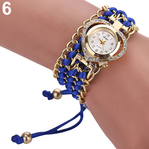 Women Fashion Love Heart Shiny Rhinestone Braid Band Analog Quartz Wrist Watch