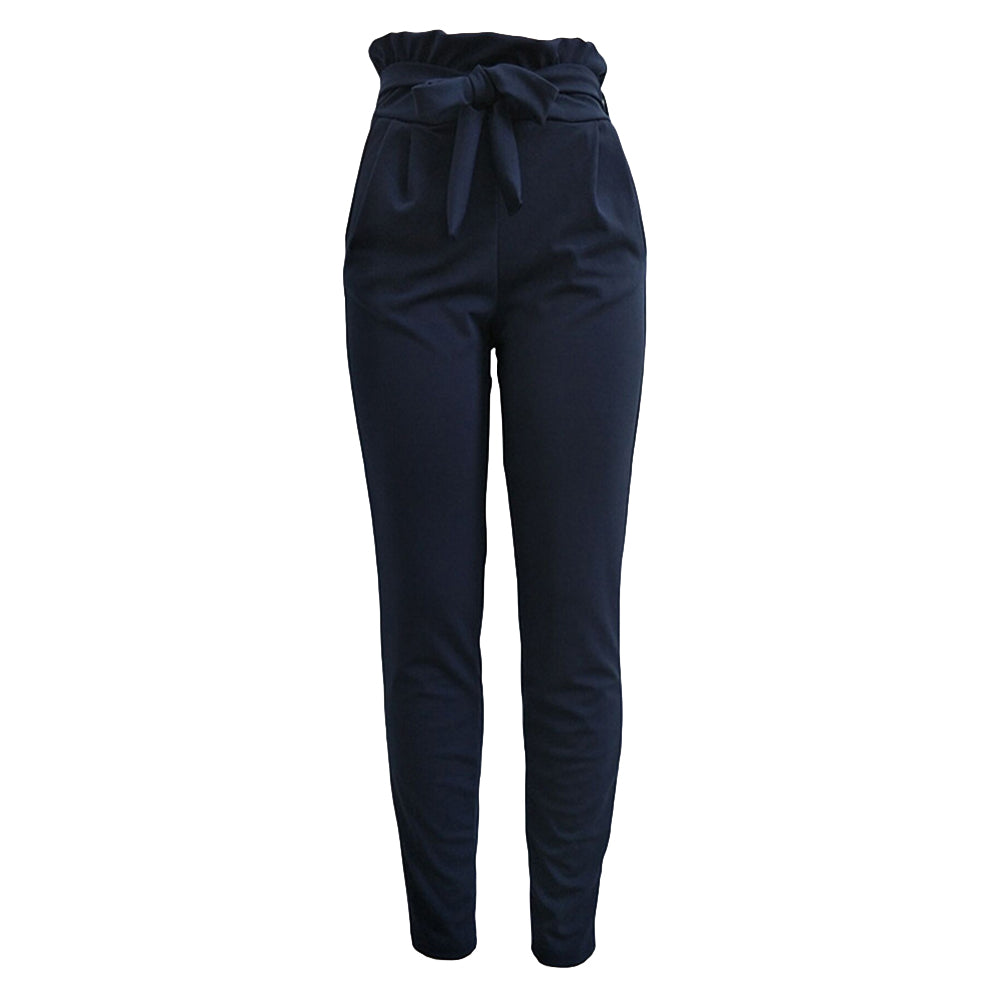 Women Casual Solid Color Trousers Waist Belt Ruffled Waist Long Pencil Pants