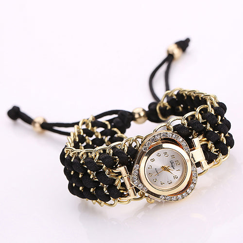 Women Fashion Love Heart Shiny Rhinestone Braid Band Analog Quartz Wrist Watch