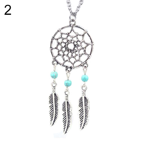 Women Ethnic Turquoise Feather Wing Pendant Dream Catcher Charm Chain Necklace