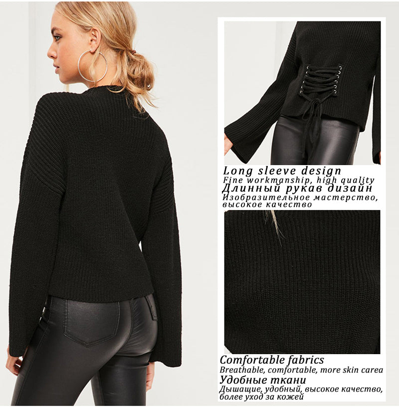 Eternal Show Autumn Knitted Pullover Sweater Women Lace Up Oversize Fall Ladies Sweater Pull Vintage Knitwear Winter Top 50N0521
