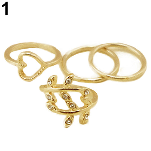 4Pcs/Set Rhinestone Leaf Heart Above Knuckle Midi Stack Ring Boho Party Jewelry