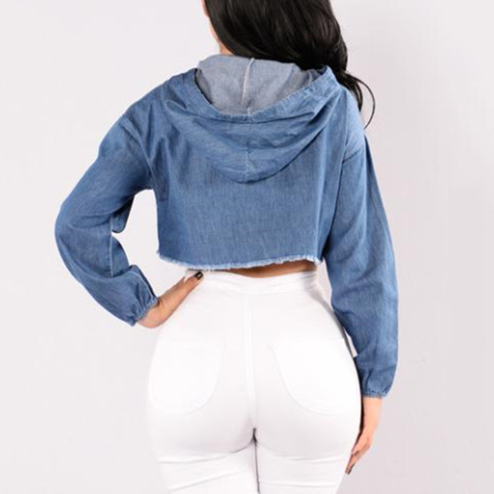 Women Sexy Fashion Ripped Denim Hooded Long Sleeve Slim Crop Top Shirt Hoodies