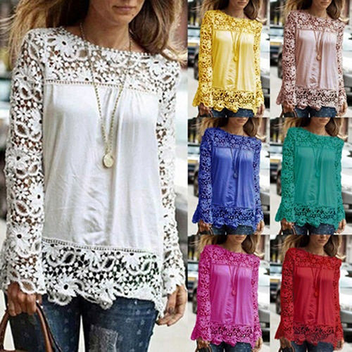 Women Fashion Lace Long Sleeve T-shirt Sexy See-through Crochet Blouse Top