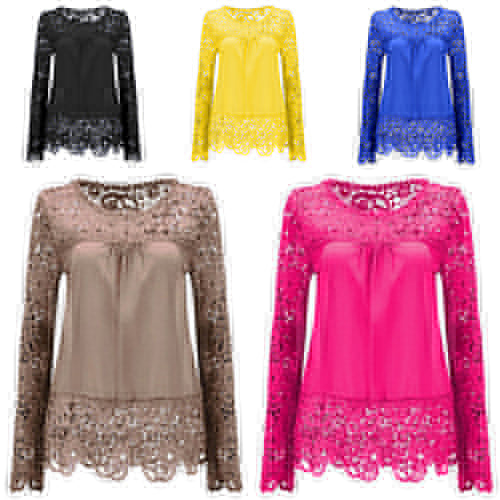 Women Fashion Lace Long Sleeve T-shirt Sexy See-through Crochet Blouse Top