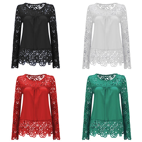 Women Fashion Lace Long Sleeve T-shirt Sexy See-through Crochet Blouse Top