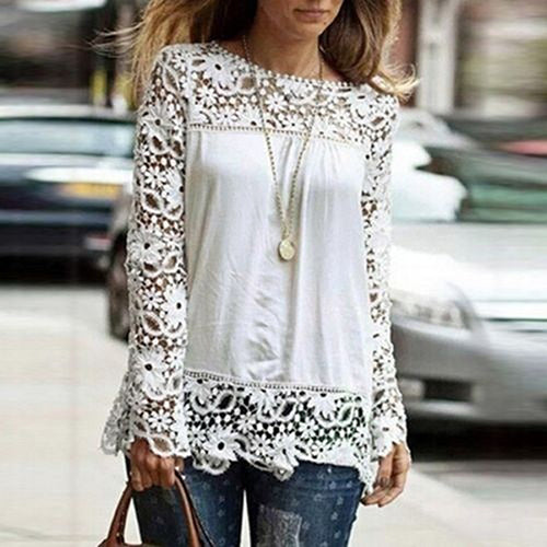 Women Fashion Lace Long Sleeve T-shirt Sexy See-through Crochet Blouse Top