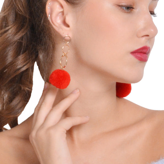 Women Fashion Copper Circles Polyester Plush Ball Long Dangle Earrings Eardrops