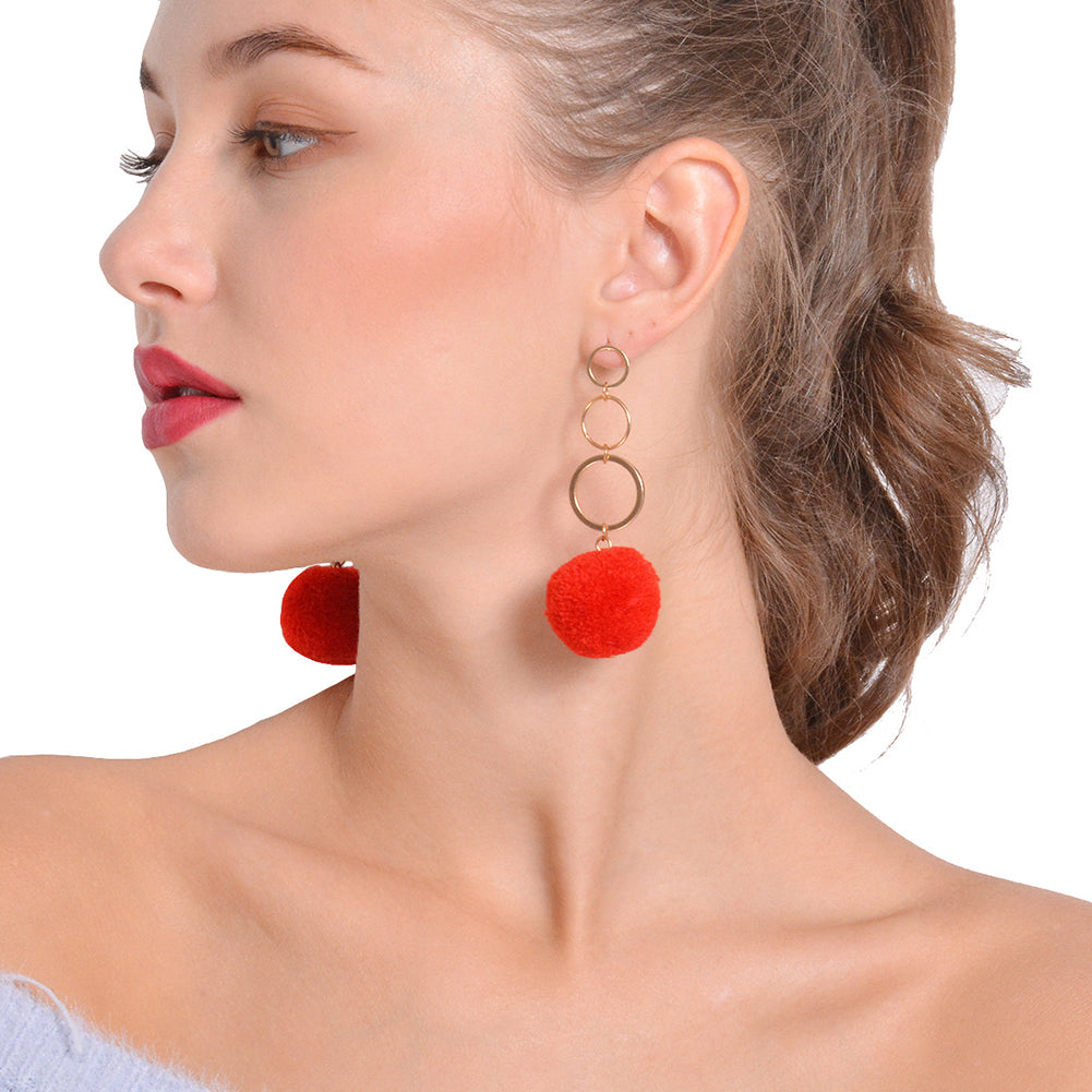 Women Fashion Copper Circles Polyester Plush Ball Long Dangle Earrings Eardrops
