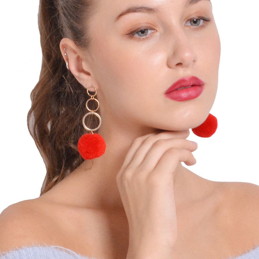 Women Fashion Copper Circles Polyester Plush Ball Long Dangle Earrings Eardrops