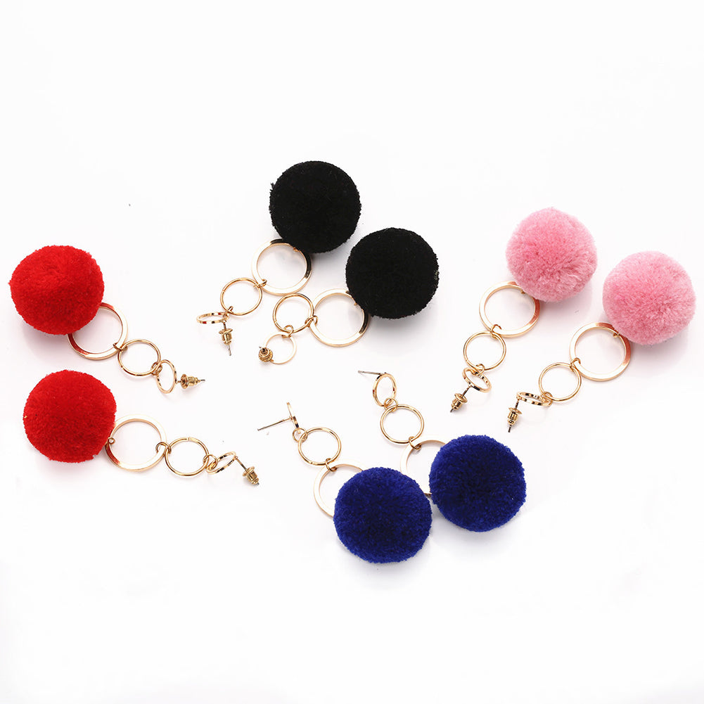 Women Fashion Copper Circles Polyester Plush Ball Long Dangle Earrings Eardrops