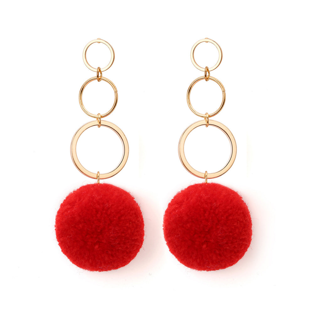 Women Fashion Copper Circles Polyester Plush Ball Long Dangle Earrings Eardrops