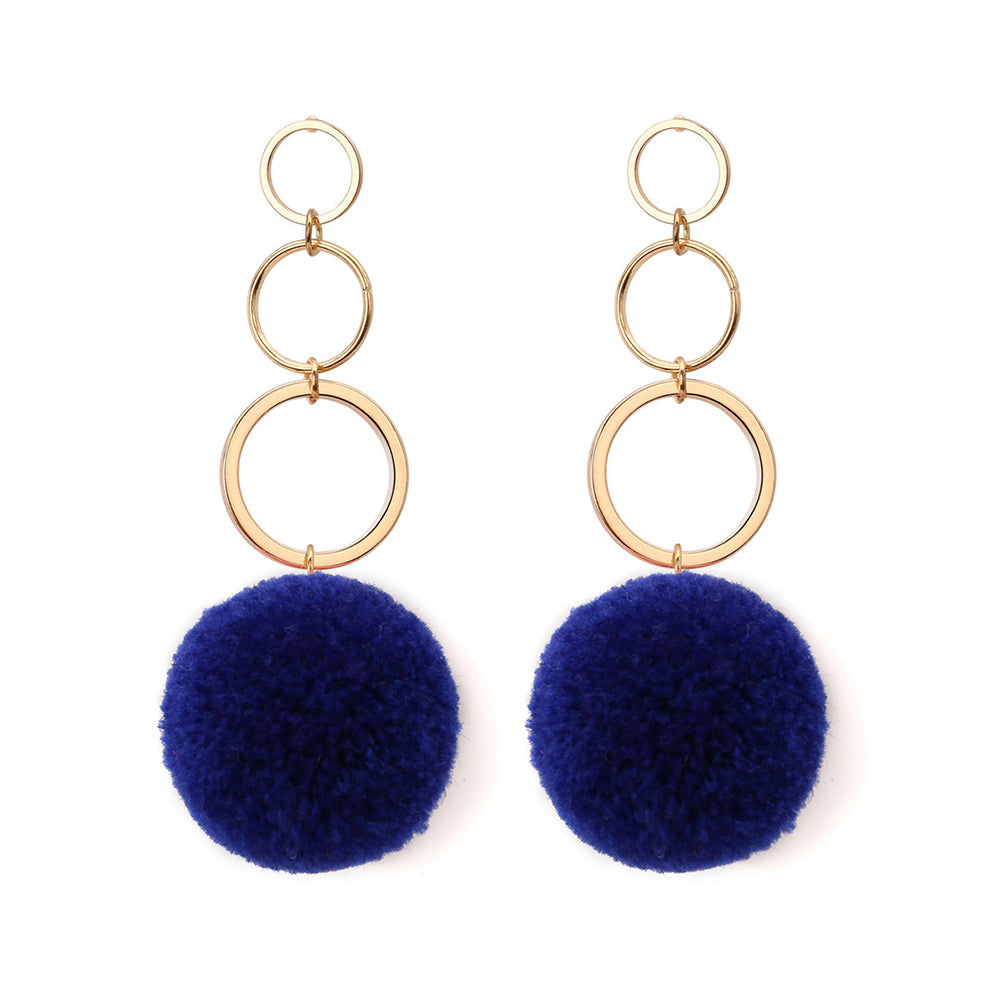 Women Fashion Copper Circles Polyester Plush Ball Long Dangle Earrings Eardrops