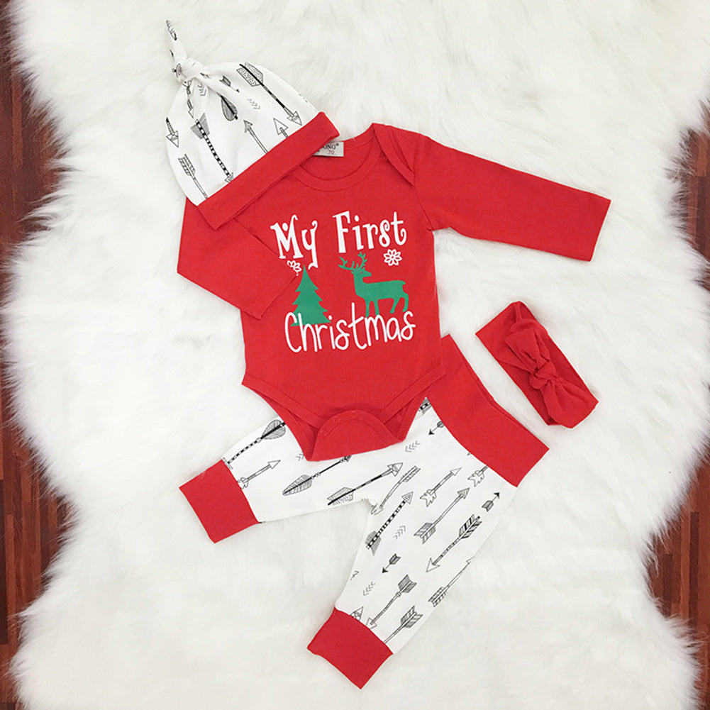Newborn Baby Christmas Elf Tree Romper + Pants + Hat + Headband Outfit Set