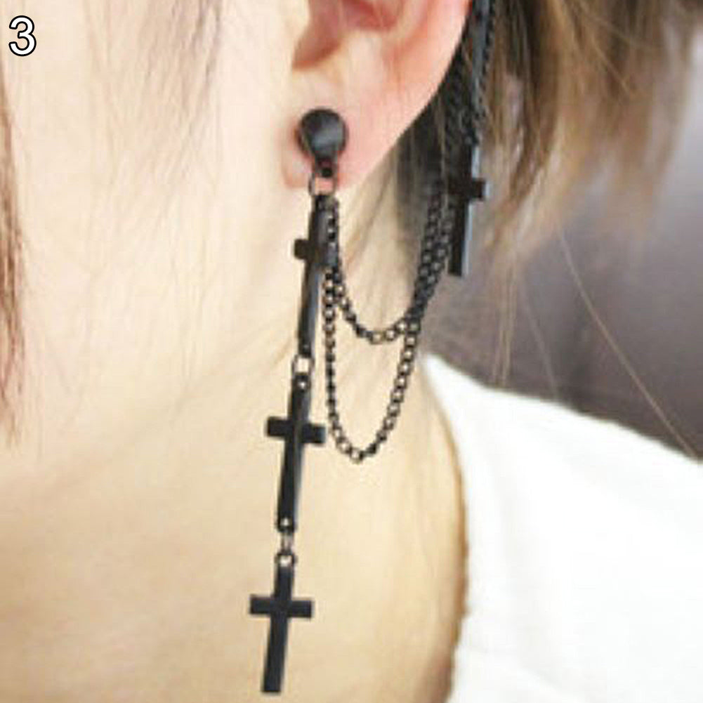 Gothic Punk Cross Long Tassel Chain Ear Cuff Stud Clip Earrings Fashion Jewelry
