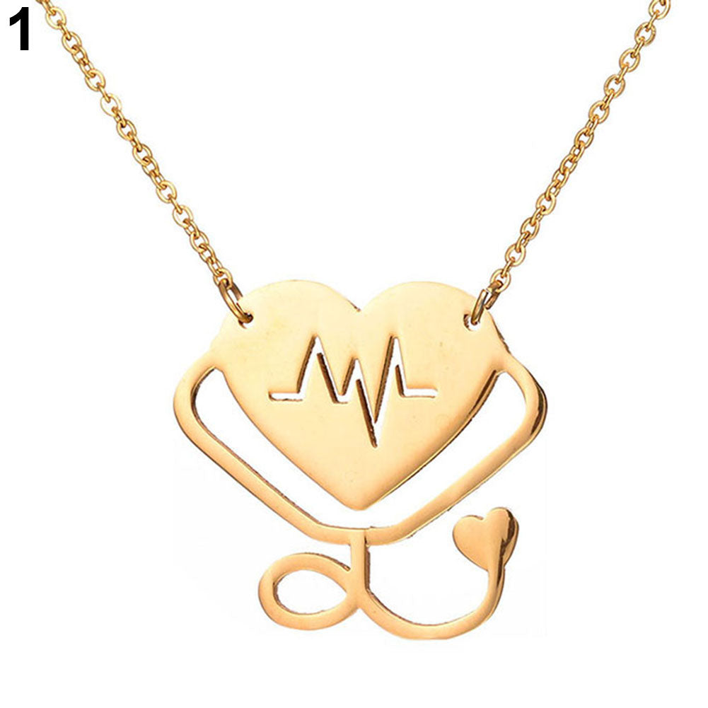 Women Fashion Medical Stethoscope Chain Double Heart Pendant Necklace Jewelry