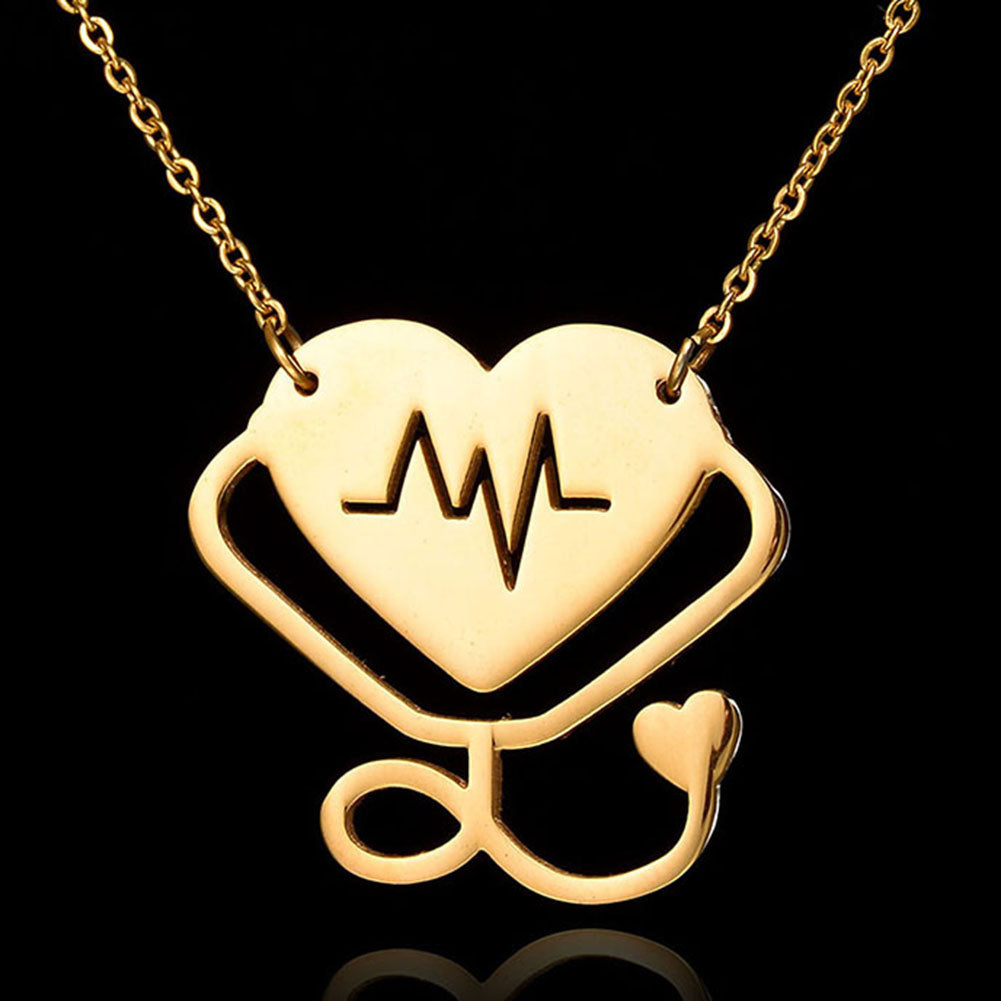 Women Fashion Medical Stethoscope Chain Double Heart Pendant Necklace Jewelry