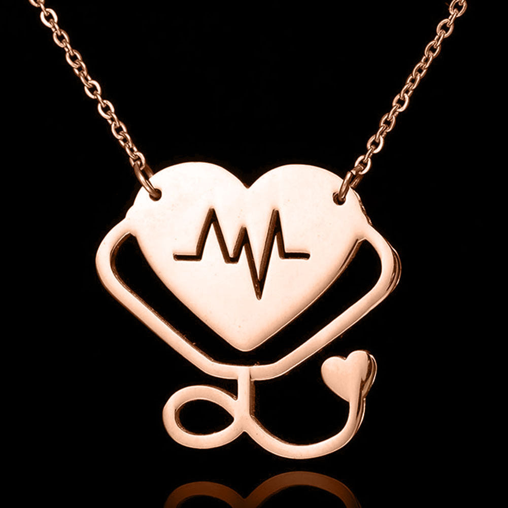 Women Fashion Medical Stethoscope Chain Double Heart Pendant Necklace Jewelry