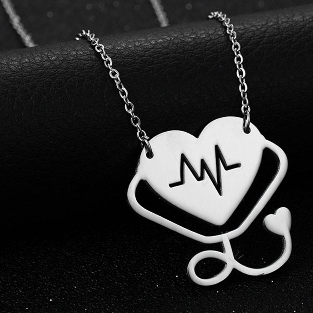 Women Fashion Medical Stethoscope Chain Double Heart Pendant Necklace Jewelry