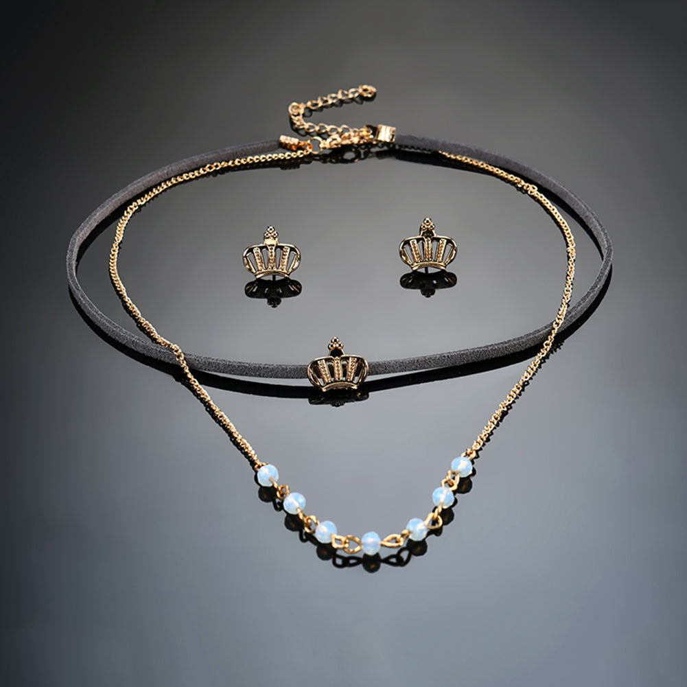 Women Crown Pendant Beads Chain Double Layer Necklace Stud Earrings Jewelry Set