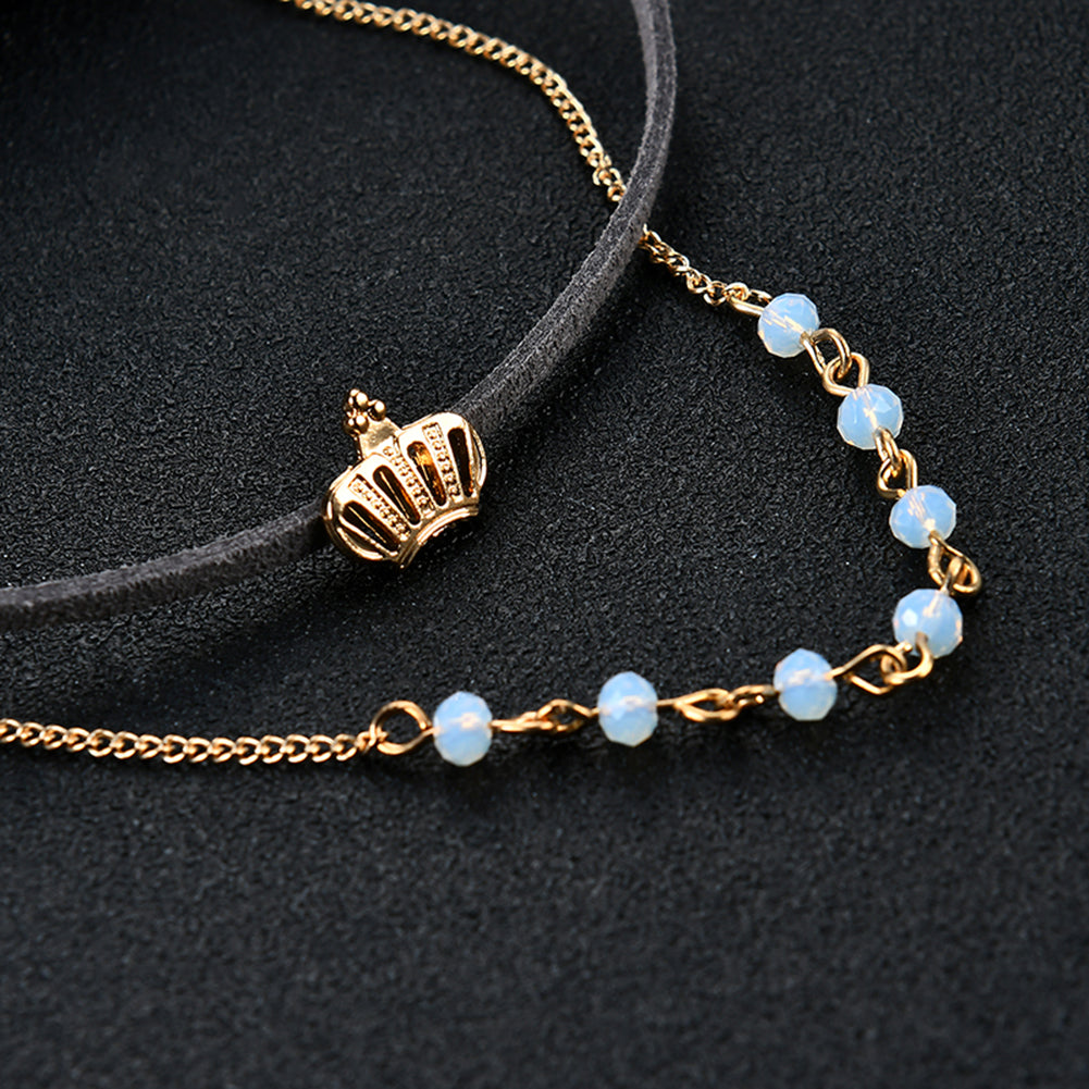 Women Crown Pendant Beads Chain Double Layer Necklace Stud Earrings Jewelry Set