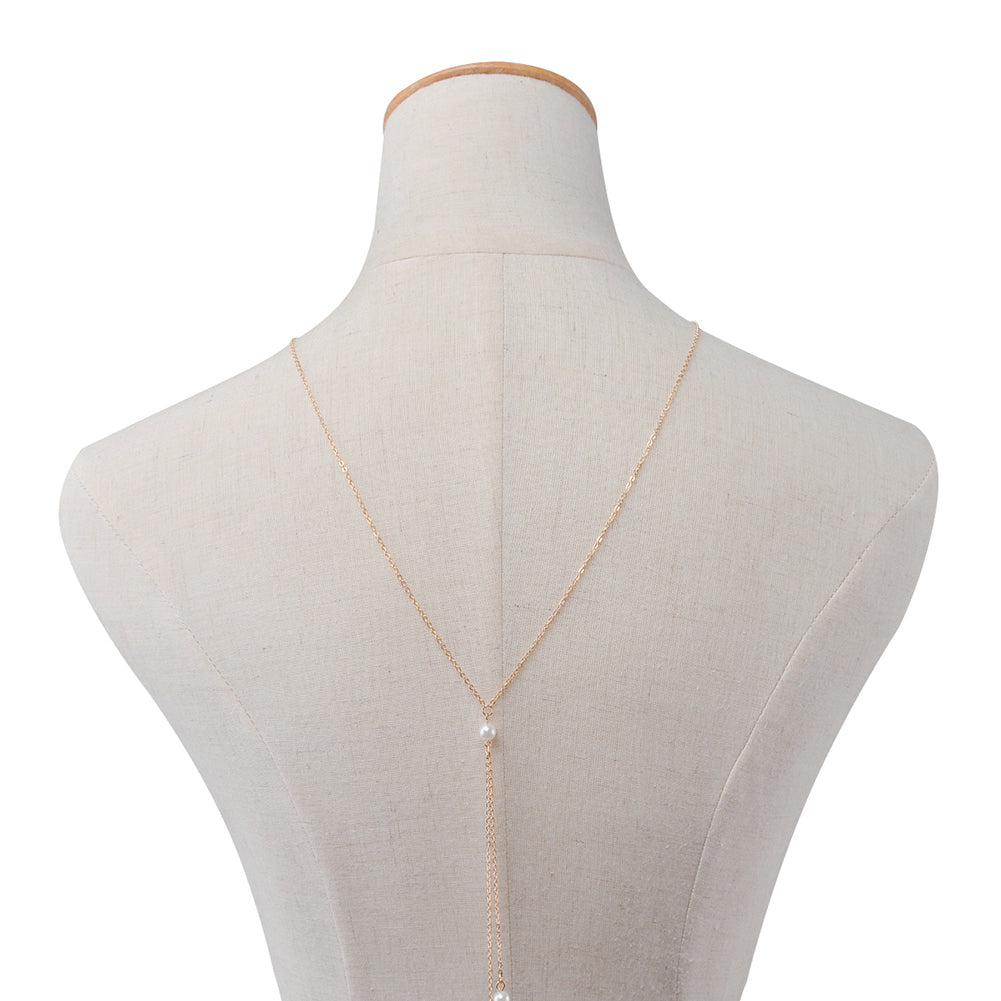 Women Back Pendant Necklace Long Alloy Chain Fashion Jewelry Faux Pearl Beads
