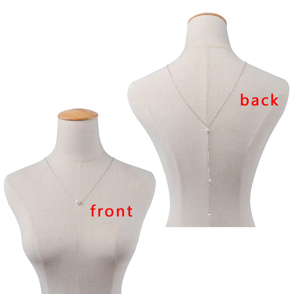 Women Back Pendant Necklace Long Alloy Chain Fashion Jewelry Faux Pearl Beads