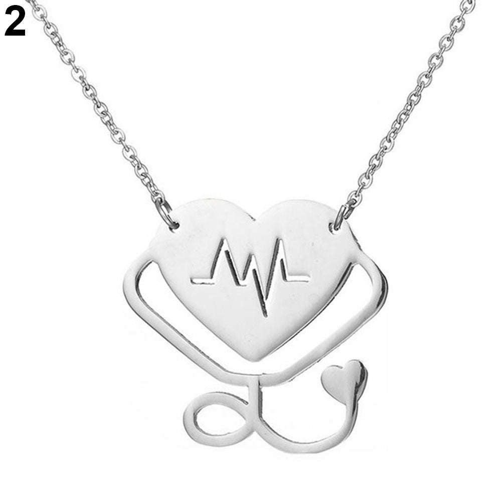 Women Fashion Medical Stethoscope Chain Double Heart Pendant Necklace Jewelry